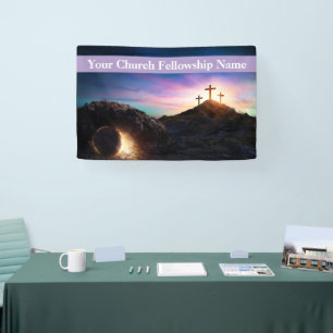 Drie Kruisen Zonsondergang Pasen Kerk Spandoek