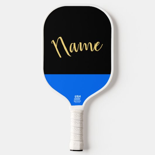 Drie kwart Manuscript zwarte Gele Blauwe Accepten Pickleball Paddle (Achterkant)