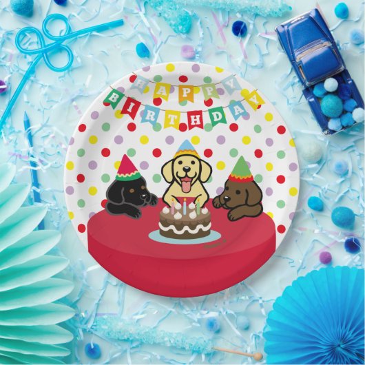 Drie Labrador Puppies Cartoon Birthday Papieren Bordje (Feest)
