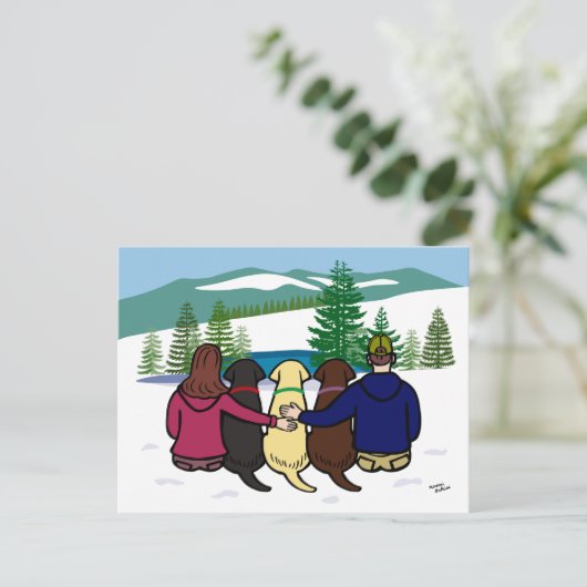 Drie Labradors en Ouders Winter Uitzicht Brown Briefkaart (Staand voorkant)