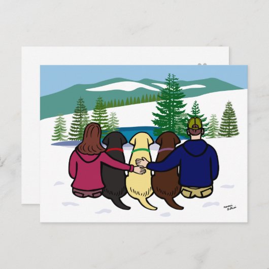 Drie Labradors en Ouders Winter Uitzicht Brown Briefkaart (Voorkant / Achterkant)