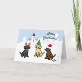 Drie Labradors en Snowman Kerstmis Feestdagen Kaart (Voorkant)
