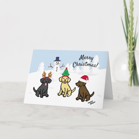 Drie Labradors en Snowman Kerstmis Feestdagen Kaart (Voorkant)