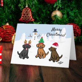 Drie Labradors en Snowman Kerstmis Feestdagen Kaart