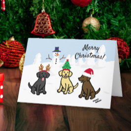 Drie Labradors en Snowman Kerstmis Feestdagen Kaart