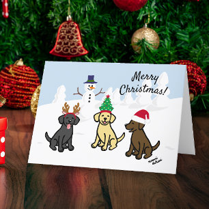 Drie Labradors en Snowman Kerstmis Feestdagen Kaart