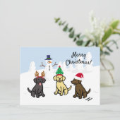 Drie Labradors en Snowman Kerstmis Feestdagenkaart (Staand voorkant)