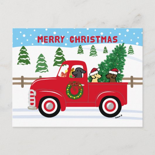 Drie Labradors Rode Vrachtwagen Kerstmis Feestdagenkaart (Voorkant)