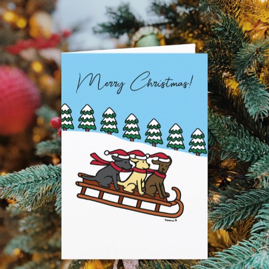 Drie Labradors sleeën glijden sneeuw uitzicht Feestdagen Kaart