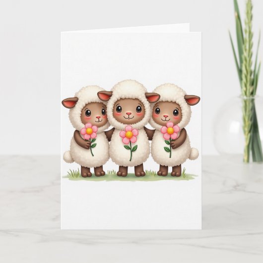 Drie Lammetjes Bloem Vrienden Kaart (Voorkant)