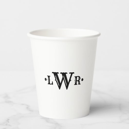 Drie Letter-monogram, aangepast, elegant zwart-wit Papieren Bekers (Voorkant)