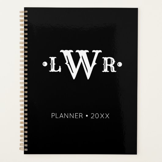 Drie Letter-monogram, aangepast, elegant zwart-wit Planner (Voorkant)