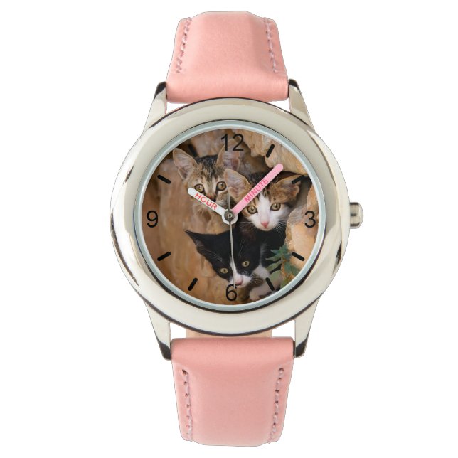 Drie Leuke Nieuwsgierige Kattenkatjes Grappig, wij Horloge (Voorkant)