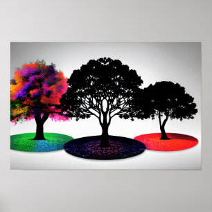 Drie levendige droomachtige bomen met witte achter poster