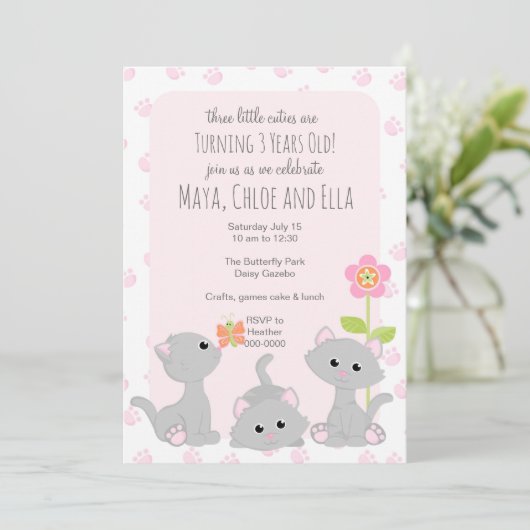 Drie Little Kittens-uitnodiging Kaart (Staand voorkant)