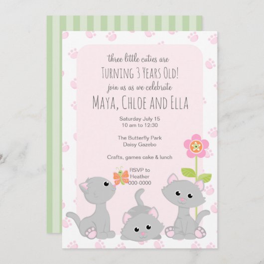 Drie Little Kittens-uitnodiging Kaart (Voorkant / Achterkant)