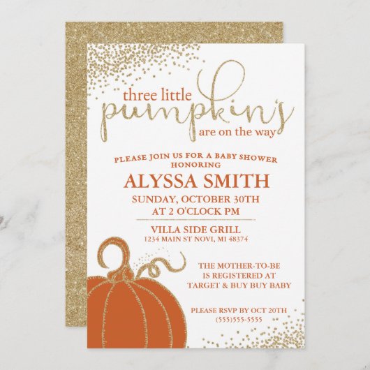 Drie Little Pumpkins Herfst Baby shower Invitation Kaart (Voorkant / Achterkant)