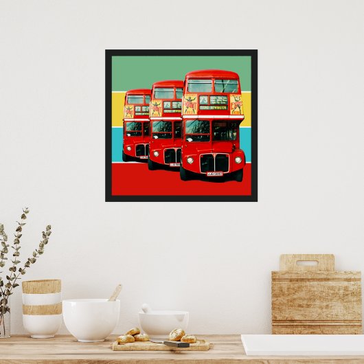 Drie Londense bussen met gekleurde Stripes achterg Poster (Keuken)