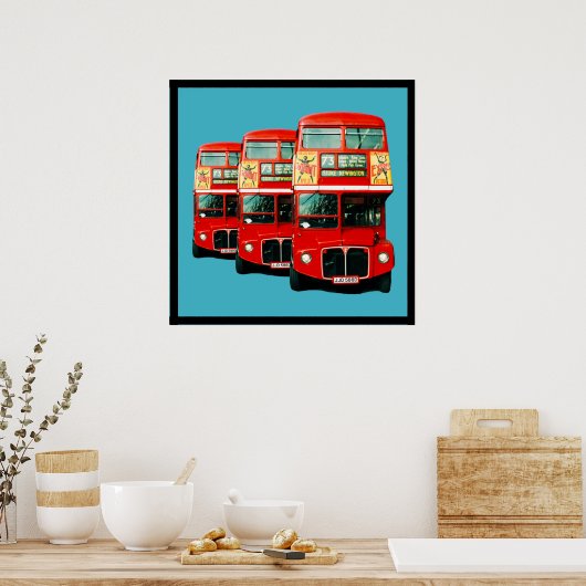 Drie Londense bussen op Turquoise Background Poster (Keuken)