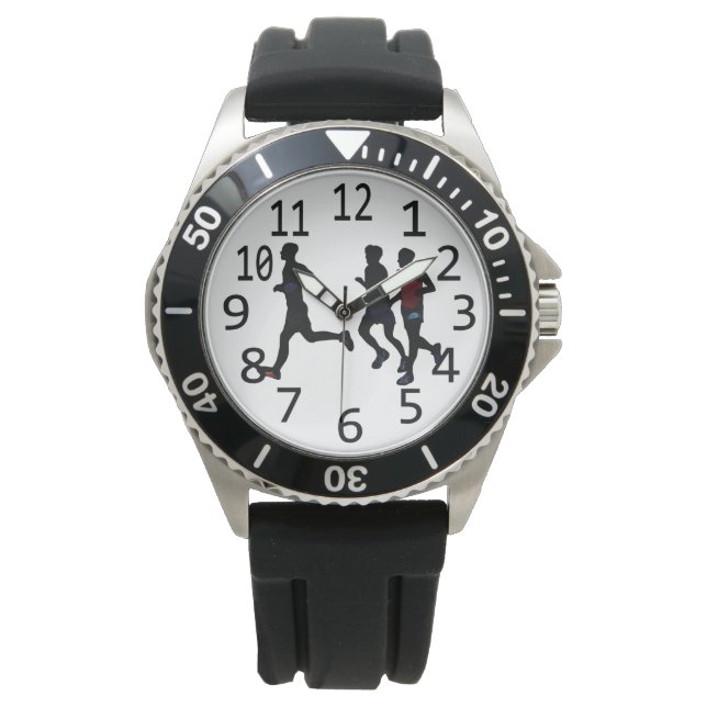 Drie mannelijke runners die aangepaste horloges ui (Voorkant)