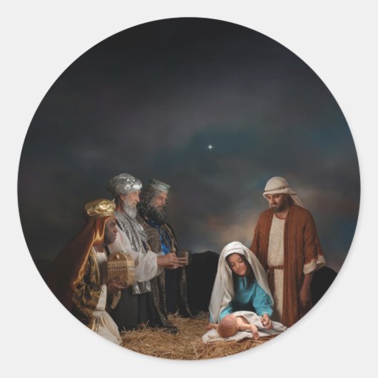 Drie Mannen van Wise bij de Nativiteit Ronde Sticker (Voorkant)