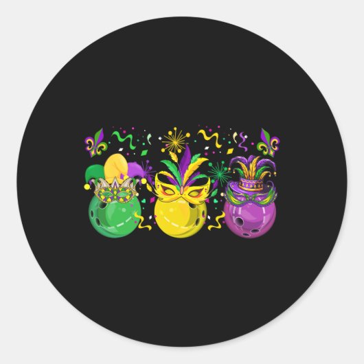 Drie Mardi Gras Bowling gemaskerde Jester Petten P Ronde Sticker (Voorkant)