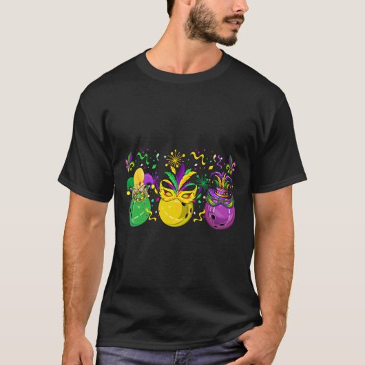 Drie Mardi Gras Bowling gemaskerde Jester Petten P T-shirt (Voorkant)