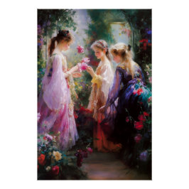 Drie meisjes die in een tuin spelen  perfect poster