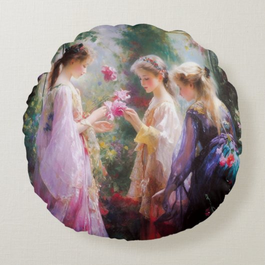 Drie meisjes die in een tuin spelen rond kussen (Voorkant)