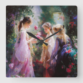 Drie meisjes die in een tuin spelen vierkante klok