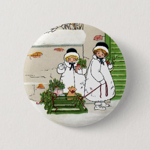 Drie Meisjes en Varken in Vintage Kerstmis van de Ronde Button 5,7 Cm