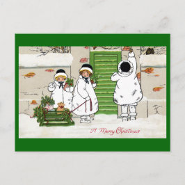 Drie meisjes en Varkens in Sled Vintage Kerstmis Feestdagenkaart