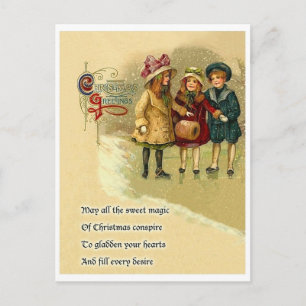 Drie meisjes in de sneeuw, kerstgroet met gedicht briefkaart