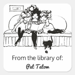 Drie Meisjes Lezen Met Een Kat Bookplate Vierkante Sticker