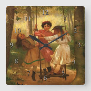 Drie Meisjes op een Swing Vierkante Klok