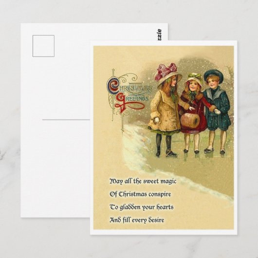 Drie meisjes op sneeuw, kerstcadeautje met gedicht briefkaart (Voorkant / Achterkant)