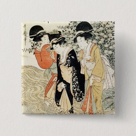 Drie meisjes padelen in een rivier, van de 'Mode' Vierkante Button 5,1 Cm (Voorkant)