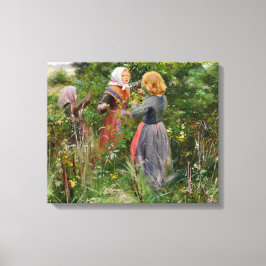Drie Meisjes Pickende bramen (door Brendekilde) Canvas Afdruk