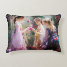 Drie meisjes spelen in een tuin