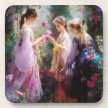 Drie meisjes spelen in een tuin