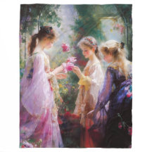 Drie meisjes spelen in een tuin