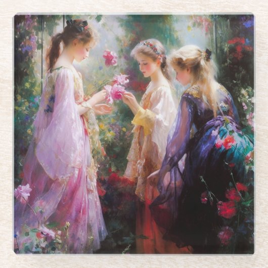 Drie meisjes spelen in een tuin glazen onderzetter (Voorkant)