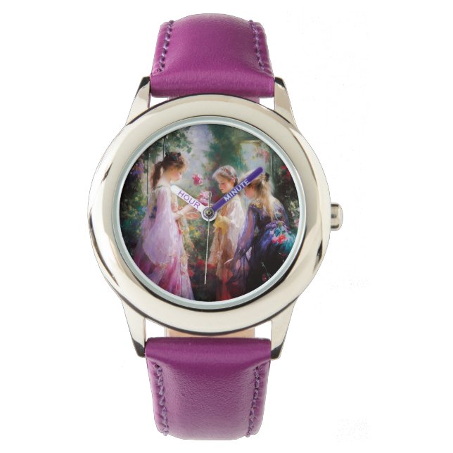 Drie meisjes spelen in een tuin horloge (Voorkant)