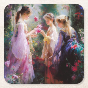 Drie meisjes spelen in een tuin kartonnen onderzetters