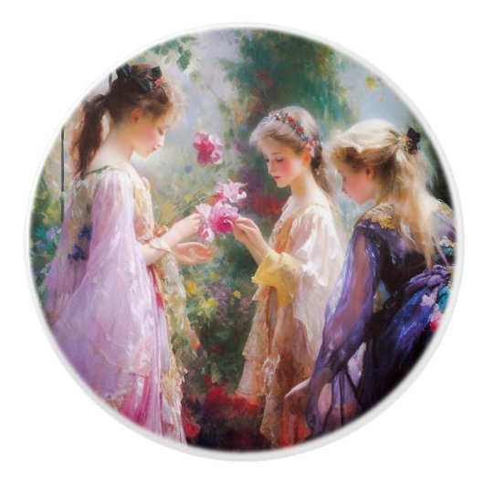 Drie meisjes spelen in een tuin keramische knop (Voorkant)