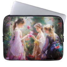 Drie meisjes spelen in een tuin