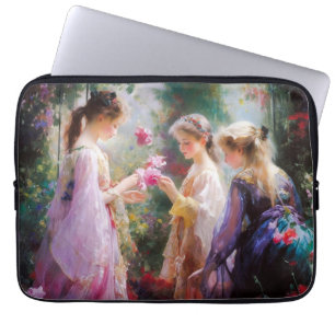 Drie meisjes spelen in een tuin laptop sleeve