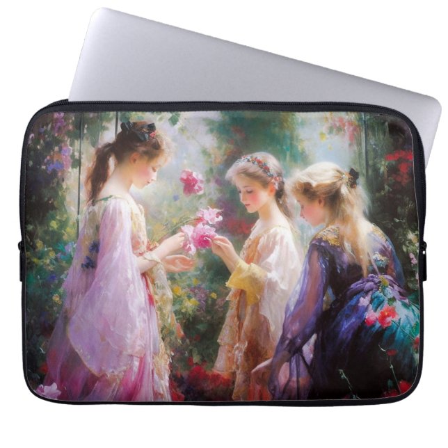 Drie meisjes spelen in een tuin laptop sleeve (Voorkant)