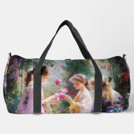 Drie meisjes spelen in een tuin plunjezak