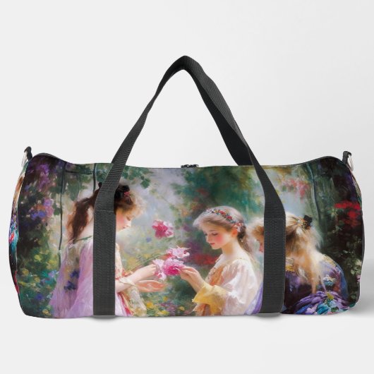 Drie meisjes spelen in een tuin plunjezak (Voorkant)